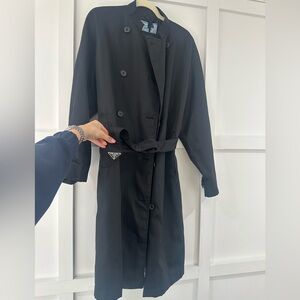 Prada Black Re Nylon long Trench Coat with triangle logo belt size 40 $4000